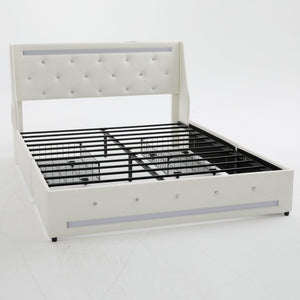 Wingback Upholstered Bed Frame With LED Lights, Charging Station