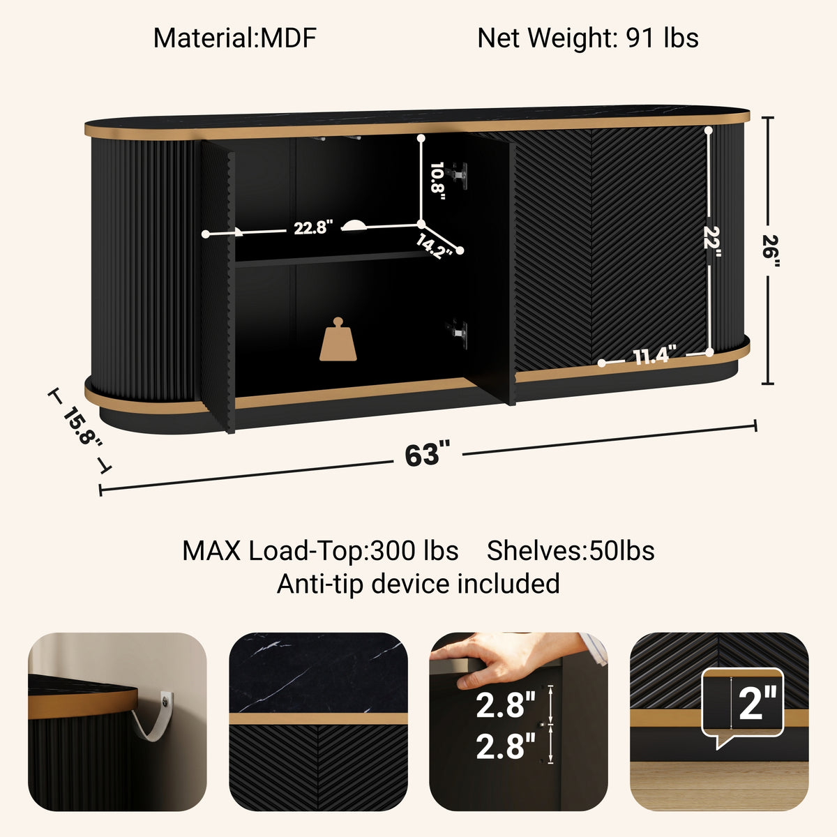 63" Diagonal Fluted Sideboard Cabinet with Storage