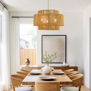 Boho Rattan Chandelier with Rustic Modern 3-Light Design - Natural Finish