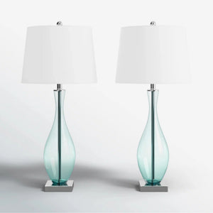 30-Inch Glass Table Lamps Set of 2, 3-Way Dimmable with USB Charging, Blue