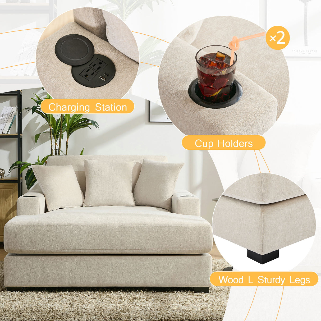 Oversized Chaise Lounger Modern Style Sofa Couch With Pillows, Charge Station & Cup Holders