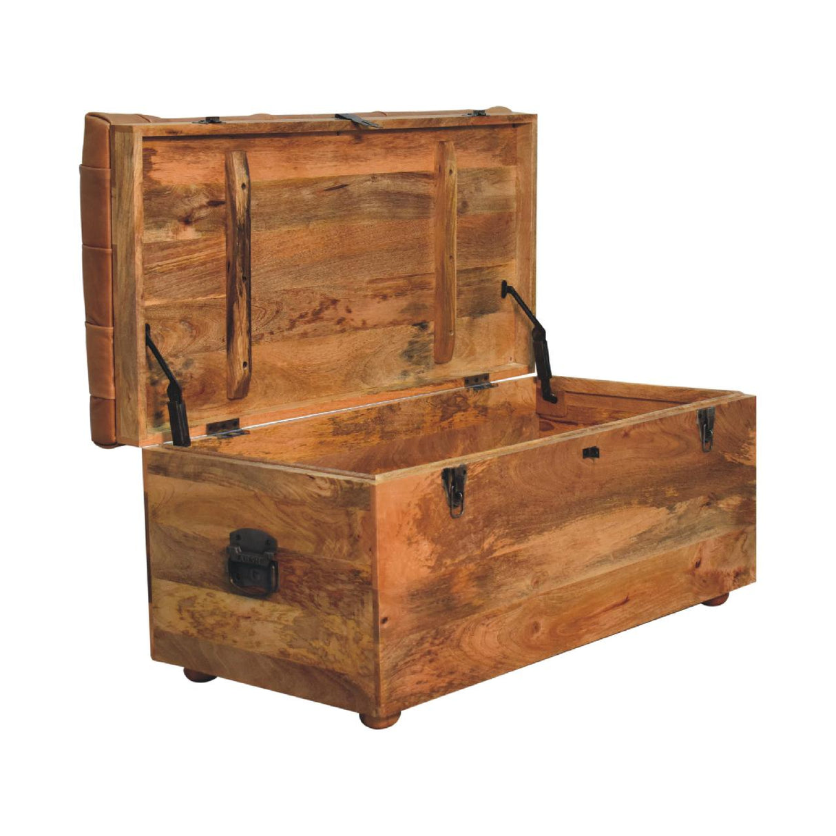 Solid Wood Buffalo Hide Oak-ish Storage Trunk, Leather Upholstered