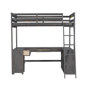 Loft Bed With U-Shaped Desk, Drawers, And Storage Shelves
