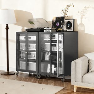 Media Storage Cabinet With Wheels, 4 Adjustable Glass Shelves & Door, Heavy-Duty - Black