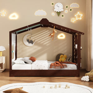 Twin Size House Bed with Trundle and Side Shelves - Pine & Plywood, White/Gray/Natural/Espresso