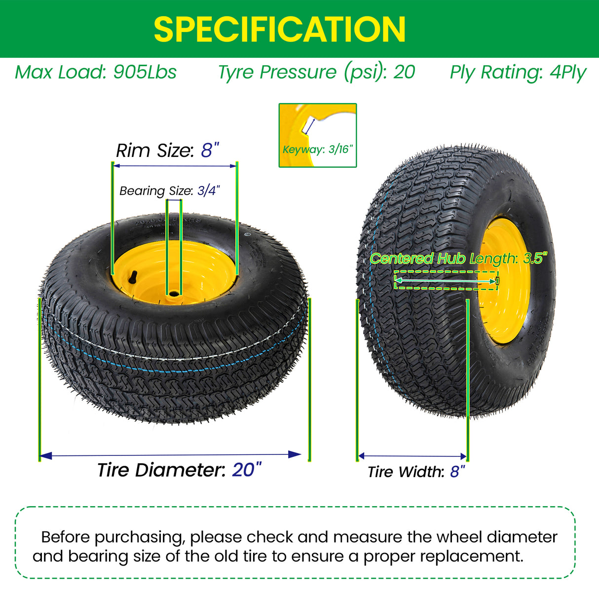 Set of 2 20x8.00-8 Lawn Mower Tires and Wheel Assembly