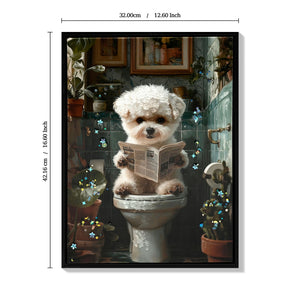 Framed Bathroom Decor, Cute Puppy Wall Art In Picture Frame, 3D Canvas Print - Indigo / White