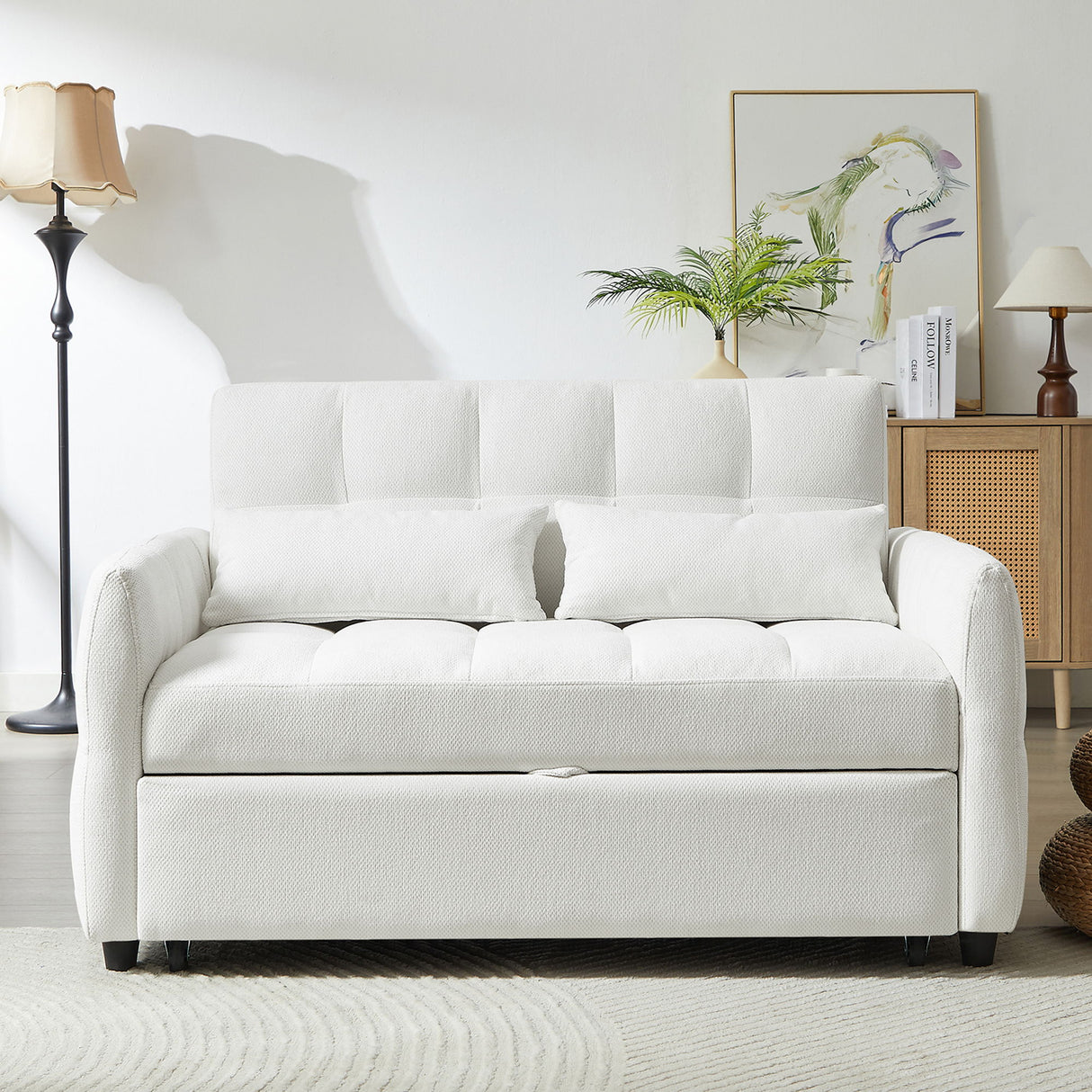 Loveseat Sofa Pull-Out Bed With Adjustable Backrest, 3 USB Ports And 2 Lumbar Pillows For Living Room