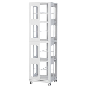 4 Tier All Steel Rotating Bookshelf With 360° Wheels, Large Size Sturdy & Spacious Book Rack, New Style Bookshelf - White