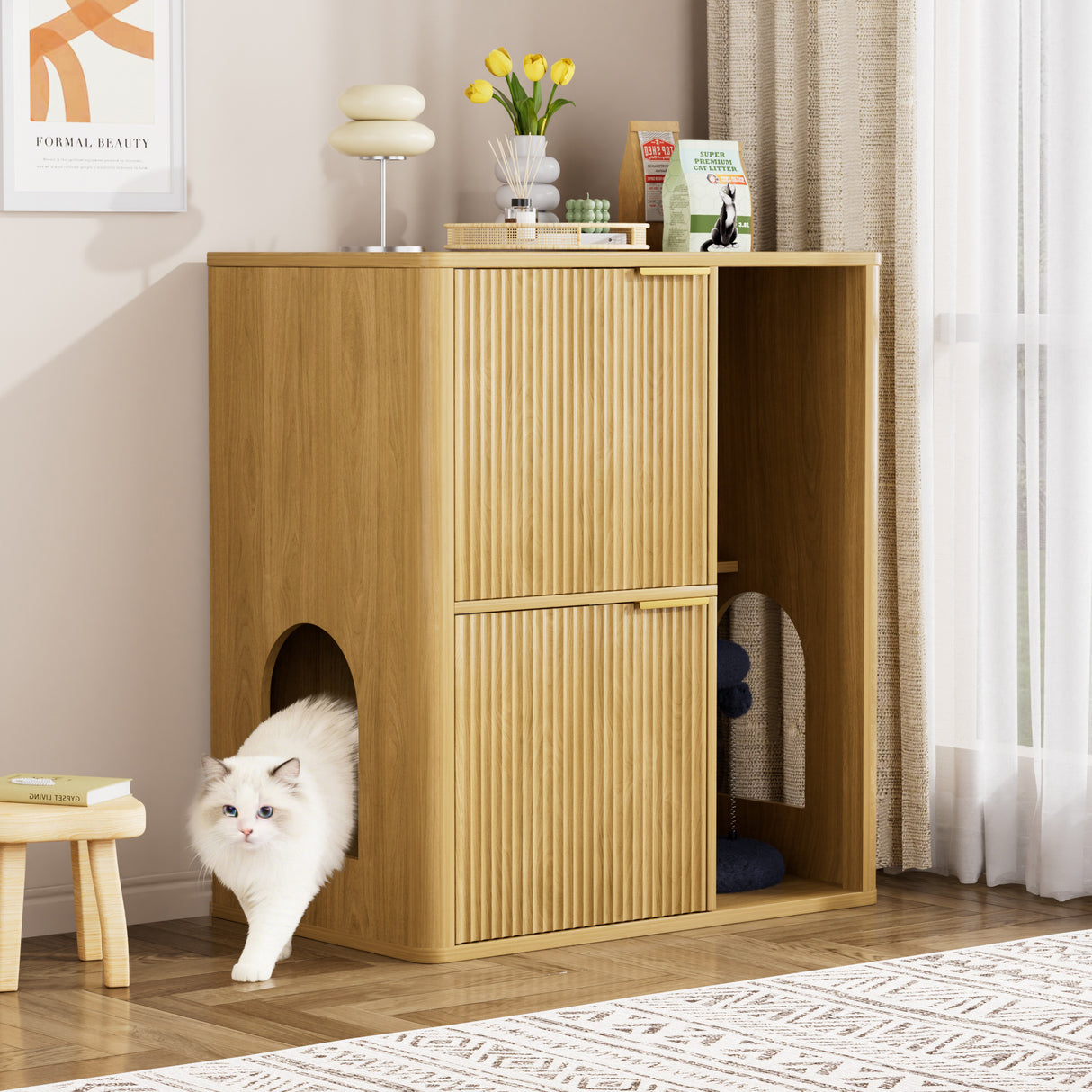 31.5-inch Light Wood Cat Litter Cabinet with Cat Tree