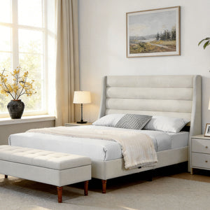 Modern Upholstered Platform Bed With Wave Shaped Headboard
