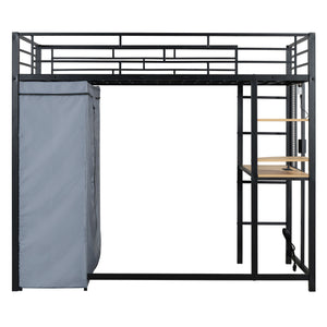 Loft Bed With Desk, Shelves, Power Outlet, LED Light And Wardrobe