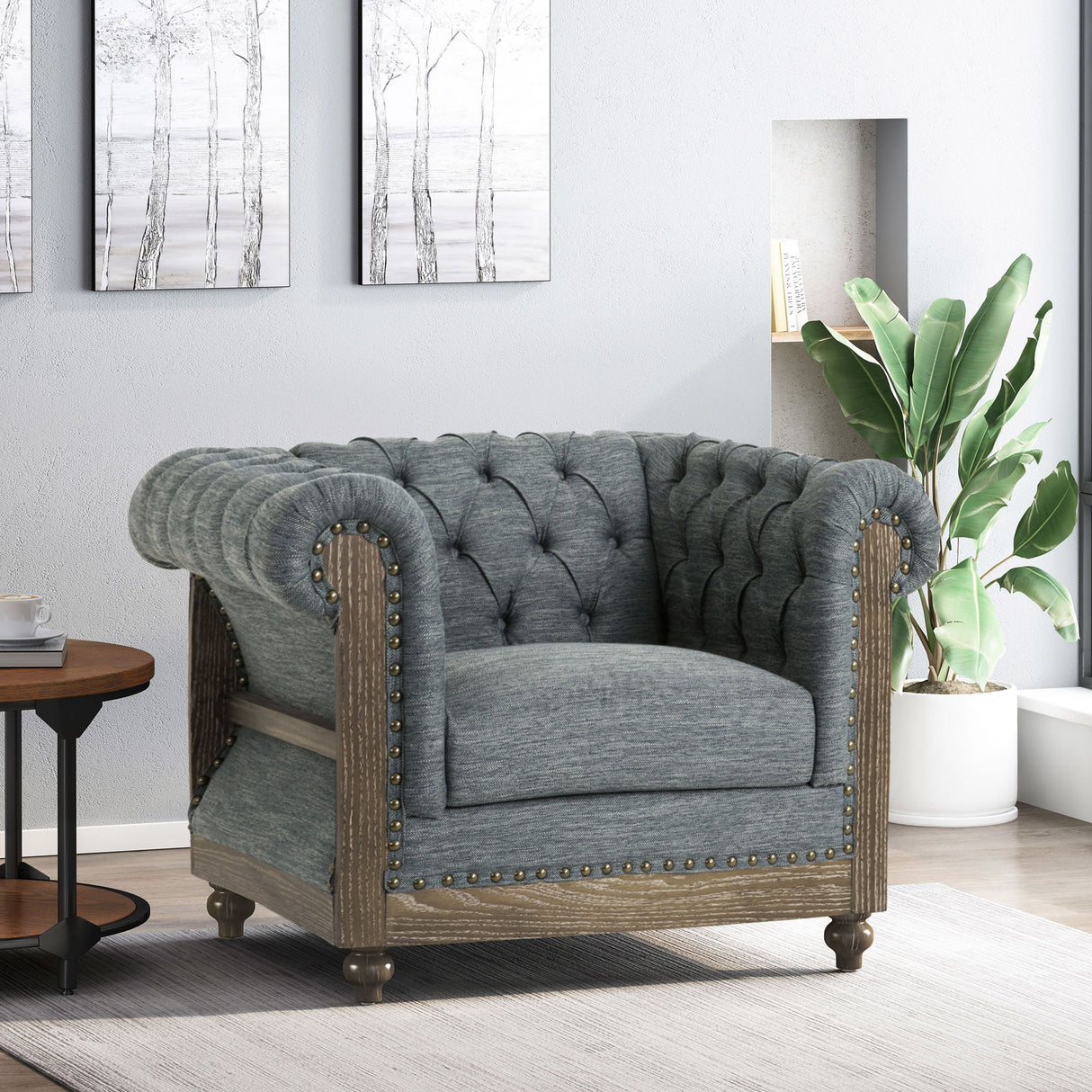Fabric Upholstered Club Chair With Scrolled Tuxedo Arms