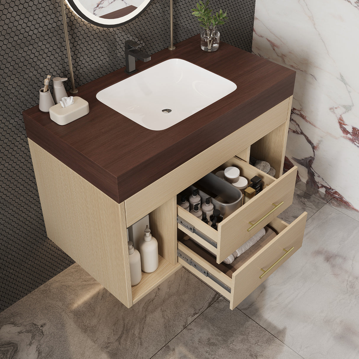 29.9" Modern Floating Bathroom Vanity with Sintered Stone Top