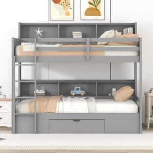 Twin Size Bunk Bed With Built-In Shelves Beside Both Upper And Down Bed And Storage Drawer