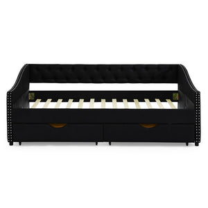 Upholstered Tufted Daybed With 2 Drawers, Waved Arms