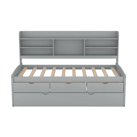 Captain Bed With Built In Bookshelves, 3 Storage Drawers, And Trundle