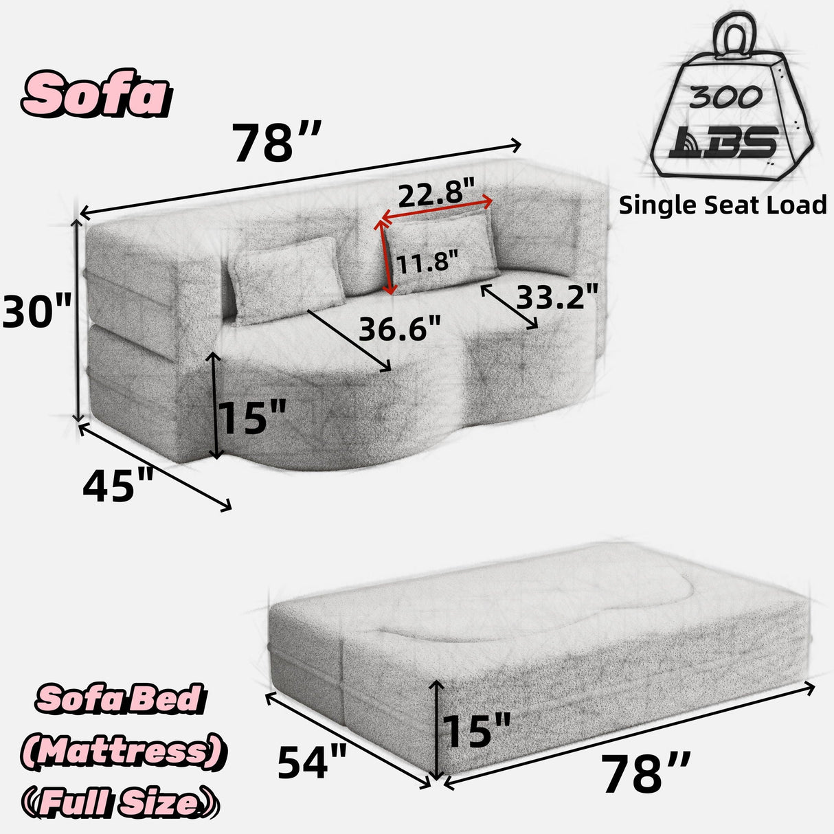 Modern Floor Sofa With 2 Pillows Convertible Teddy Fabric Foam Filled Bed