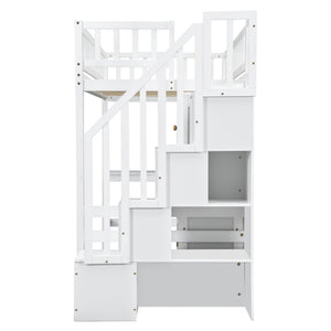 Loft Bed With Built In L Shaped Desk, LED Lights, Storage Shelves, Cabinets, And Staircase