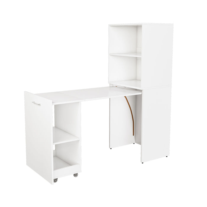 Stretchable Office Desk with Storage Shelves and Mobile Wheels - White or Light Brown