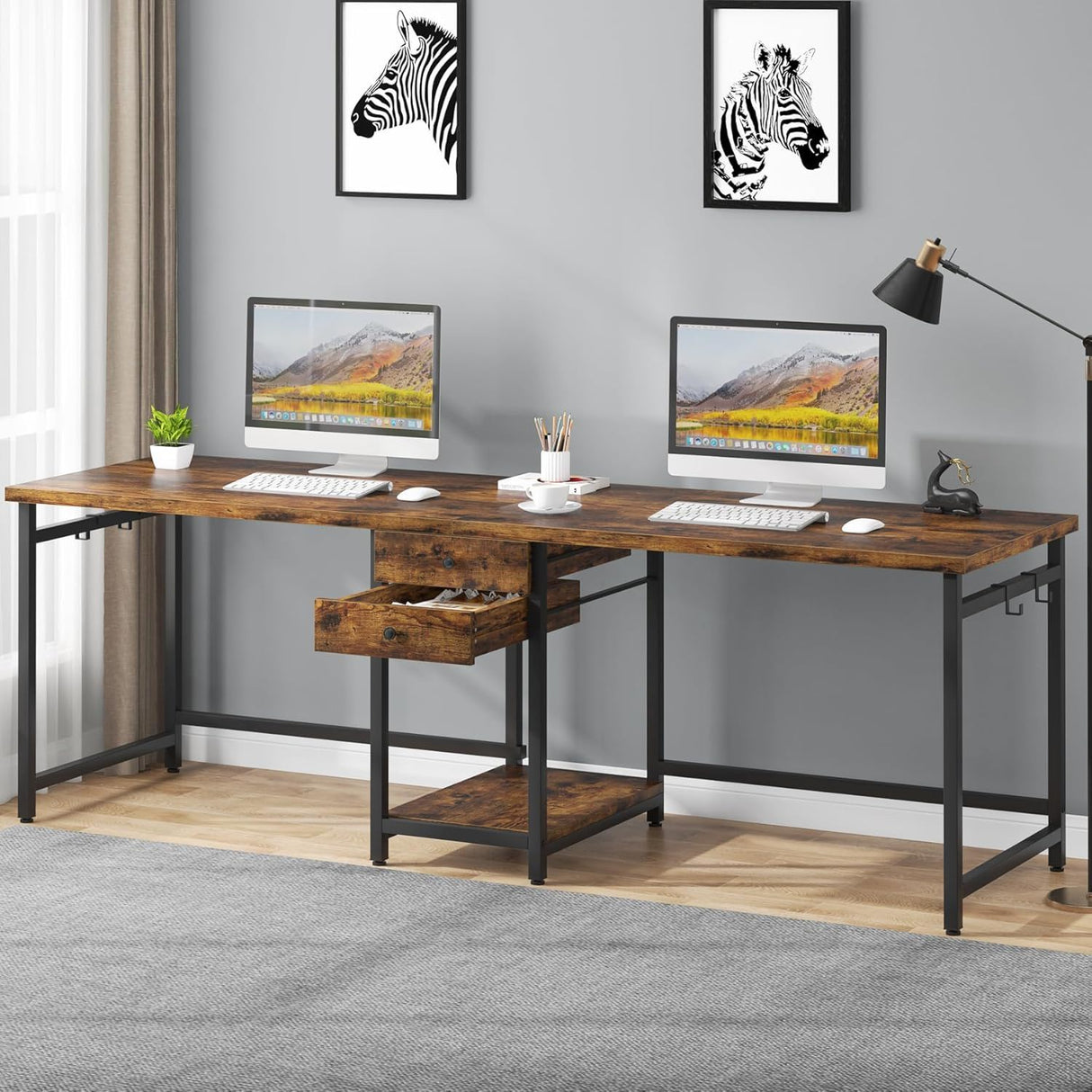 2 Person Computer Desk With Drawers And Shelves, Extra Long Double Workstation