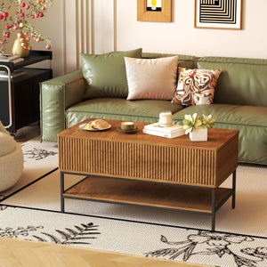 Rectangle Lift Top Coffee Table With Hidden Storage And Lower Shelf - Brown