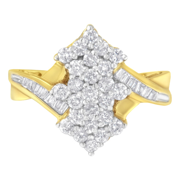 10K Yellow Gold Round And Baguette Cut Diamond Cluster Ring (1 1/10 Cttw, H-I Color, SI2-I1 Clarity) - Size 7
