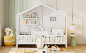 House Bed With Shelves, Window And Sparkling Light Strip On The Roof