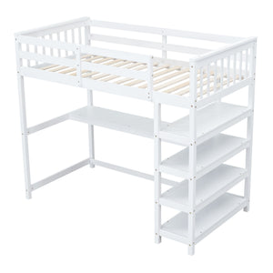 Loft Bed With Storage Shelves And Under Bed Desk