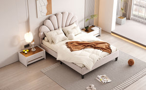 Upholstered Platform Bed With Flower Pattern Headboard