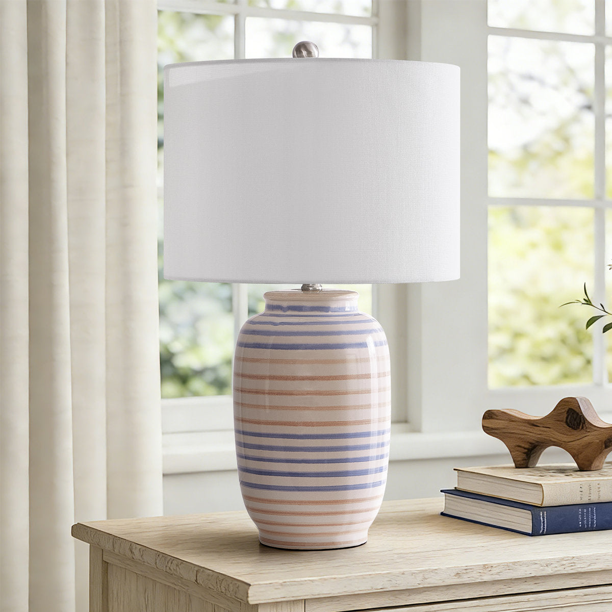 Modern Ceramic Table Lamp, 25 Inches, White with Linen Shade