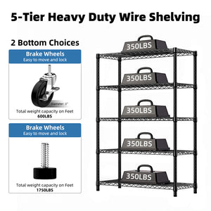 5-Shelf Storage Shelves - Heavy Duty Metal Shelving Unit