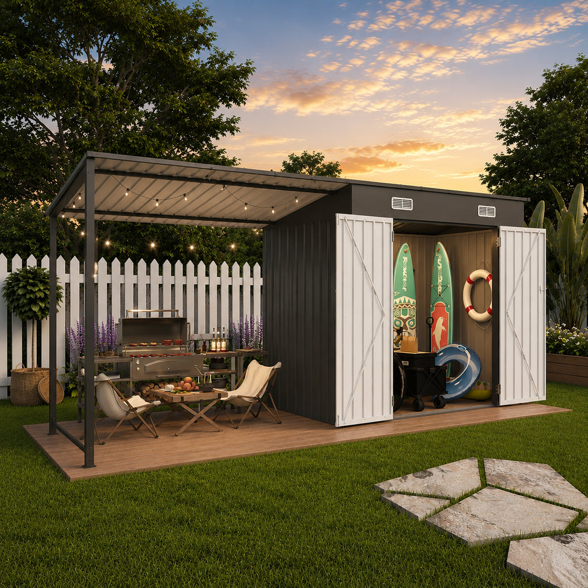 12x4 FT Metal Lean-To Shed with Pergola & Hardtop Gazebo Combo