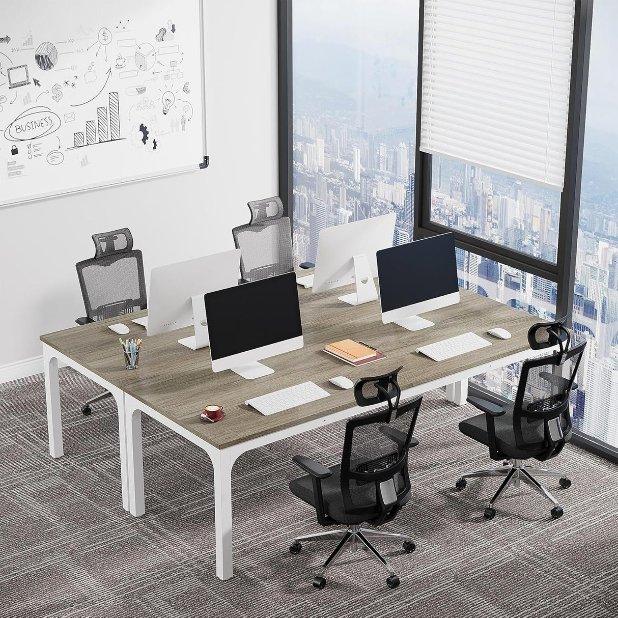 Extra Long 2 Person Computer Desk With, Collaborative Workstation For Home Office - White / Oak