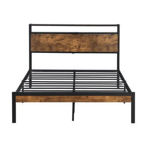 Metal Platform Bed Frame With Wooden Headboard And Footboard With USB Liner, No Box Spring Needed, Under Bed Storage