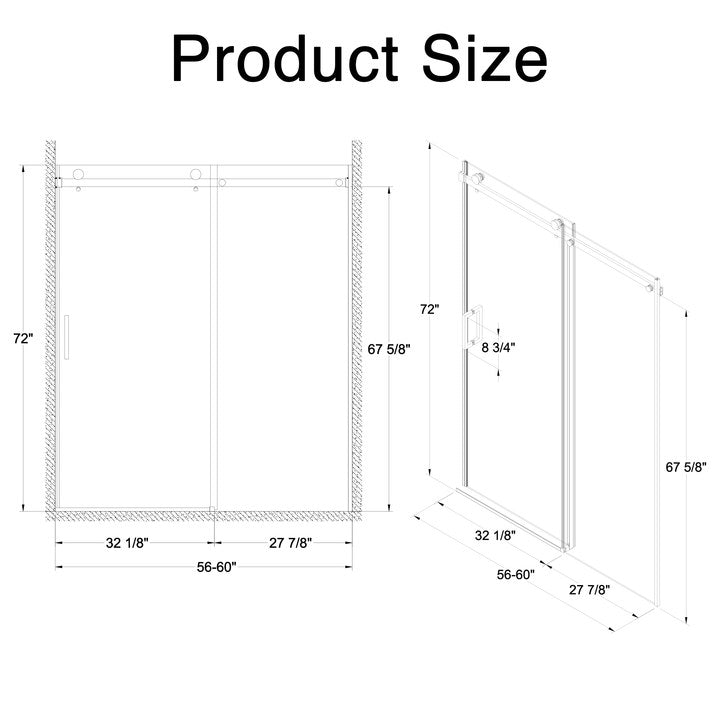 Frameless Sliding Shower Door - 56-60"W x 72"H