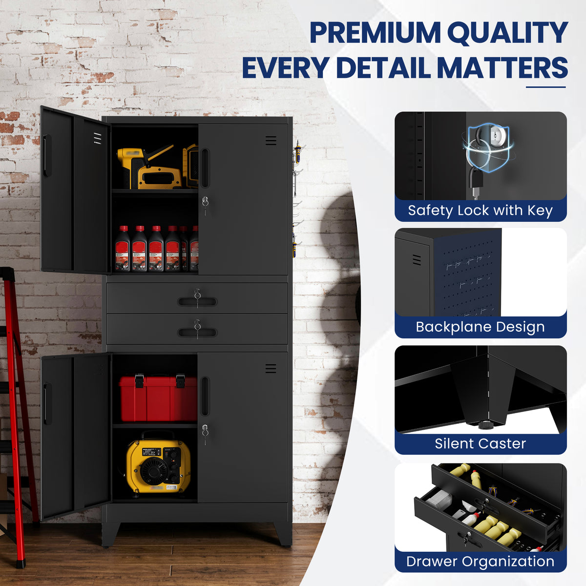 Tall Metal Storage Cabinet with Lockable Drawers and Hooks, 70.8 Inch, Black