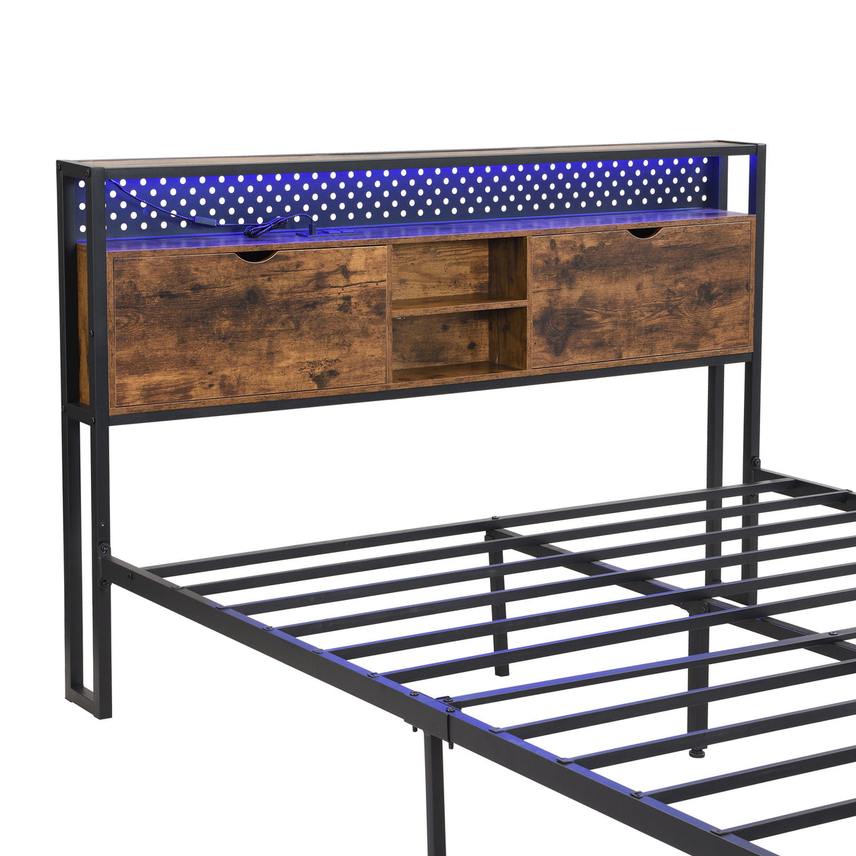 Modern Metal Platform Bed Frame With Wooden Headboard, USB Charging Station, Storage Drawers