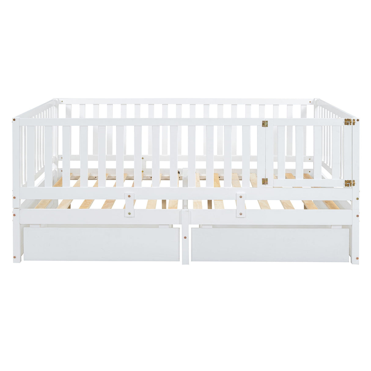 Daybed With Fence Guardrails And 2 Drawers, Split Into Independent Floor Bed & Daybed