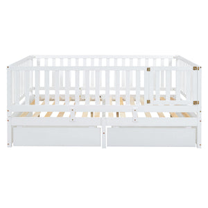 Daybed With Fence Guardrails And 2 Drawers, Split Into Independent Floor Bed & Daybed