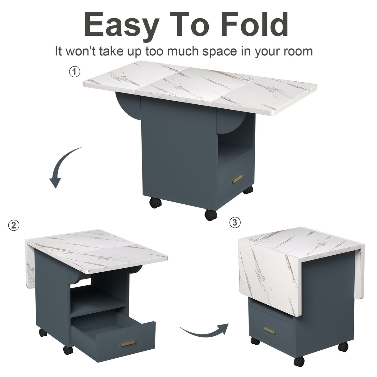 Versatile Wood Folding Dining Table With Wheels, Storage Rack & Drawer, Space Saving Design - White