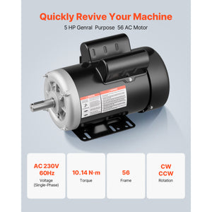 5 HP Electric Motor for Air Compressors, 3450 RPM, Single-Phase 230V