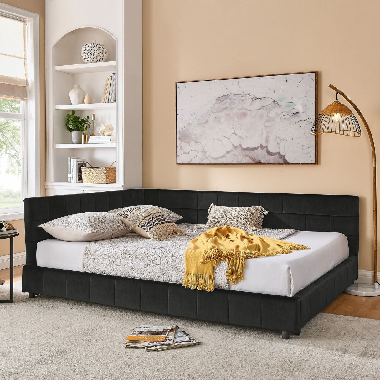 Mid-Century Storage Upholstered Tufted Bed Frame with Backrest and Armrests