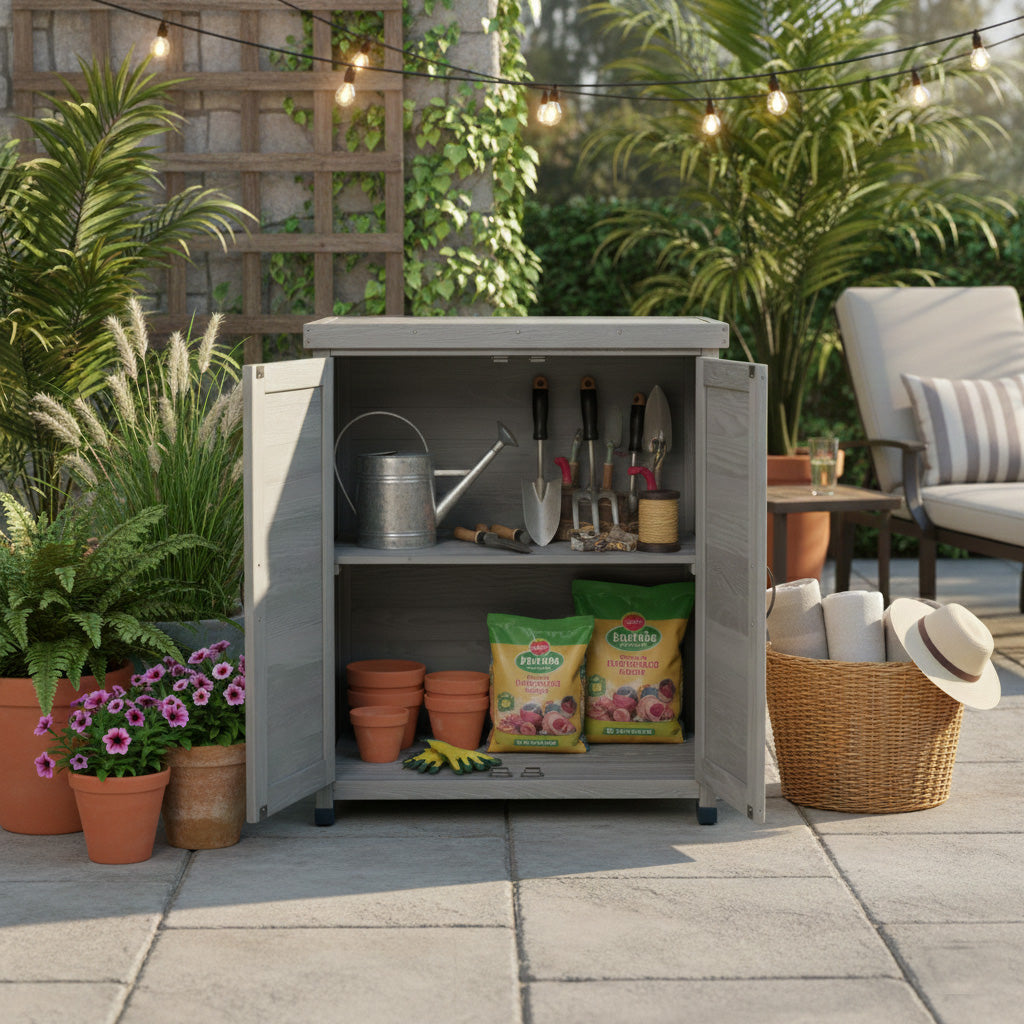 Potting Bench with Storage Cabinet and Metal Table Top