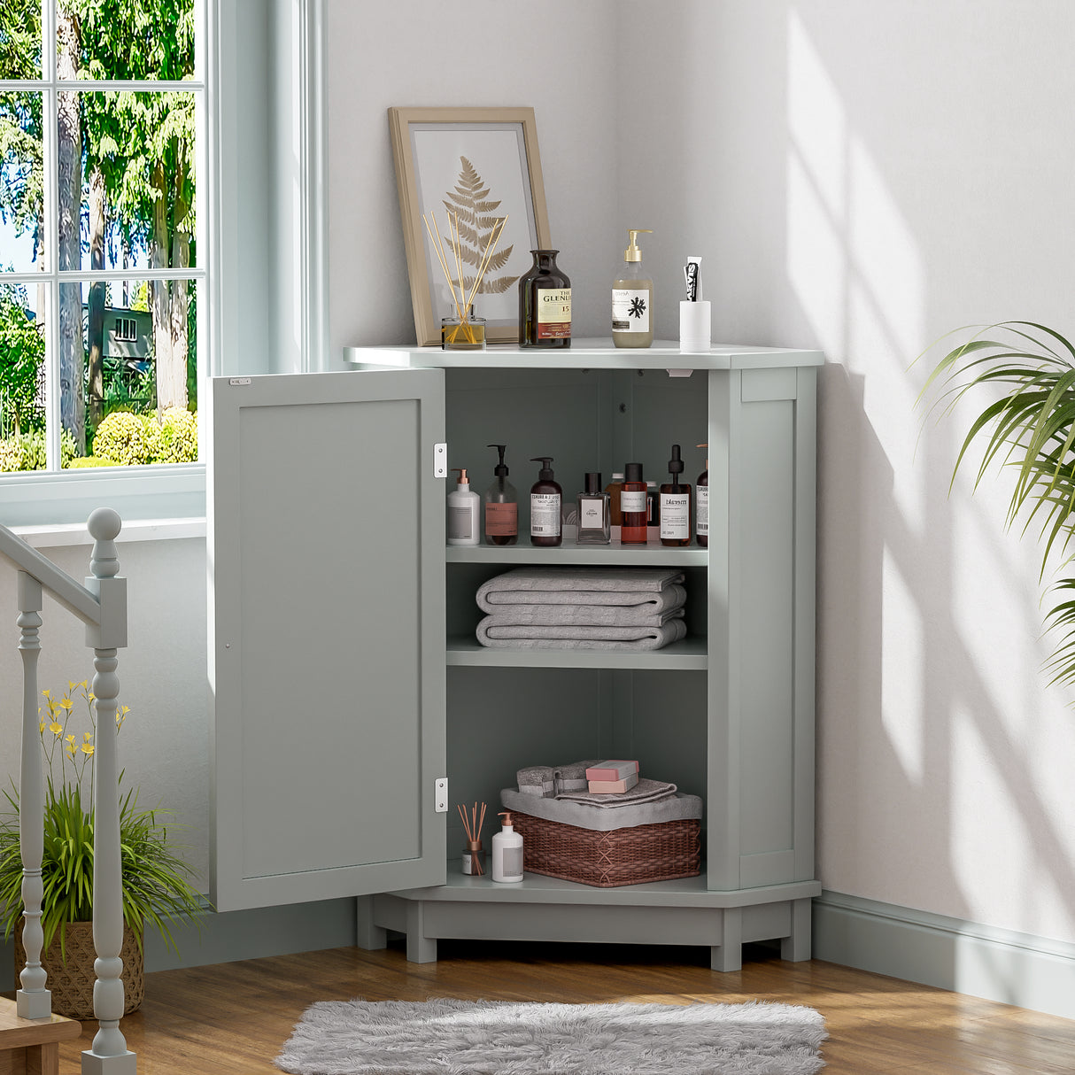 Grey Bathroom Cabinet Triangle Corner Storage With Adjustable Shelf