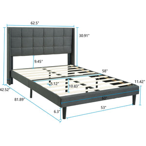 Queen Size Upholstered Platform Bed Frame With Button Tufted Linen Fabric Headboard - Dark Gray