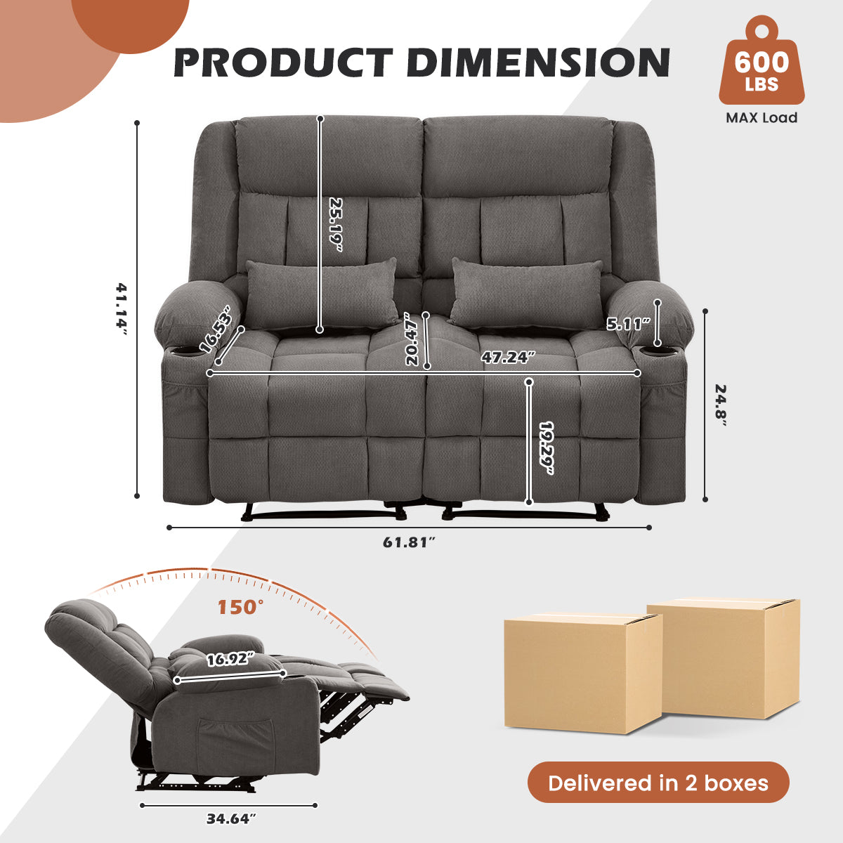 Manual Oversized Recliner Loveseat with Cup Holders - Grey or Blue
