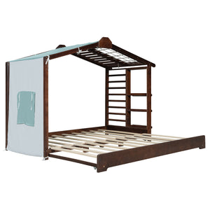 Twin Size House Bed with Trundle and Side Shelves - Pine & Plywood, White/Gray/Natural/Espresso