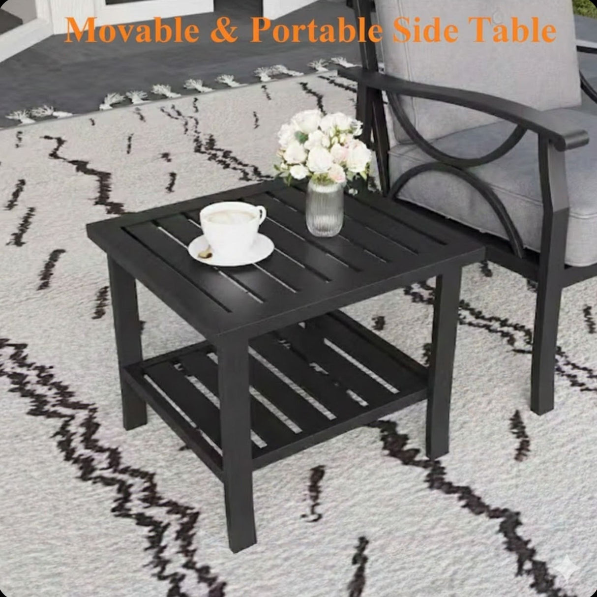Square 2 Tier All-Weather Outdoor Side Table With Slatted Top