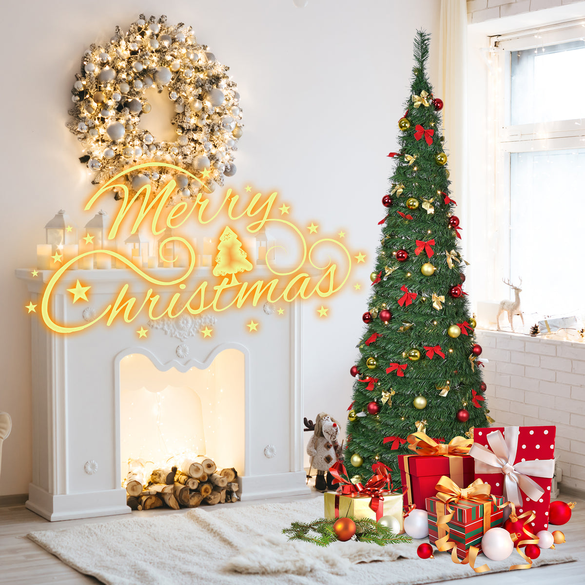 7FT Pop Up Christmas Tree, Pre-Decorated Artificial Tree